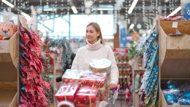 Compras de Navidad. Mujer caminando con carrito de compras viendo adornos de Navidad en el tradicional mercado de invierno de vacaciones. — Vídeos de Stock