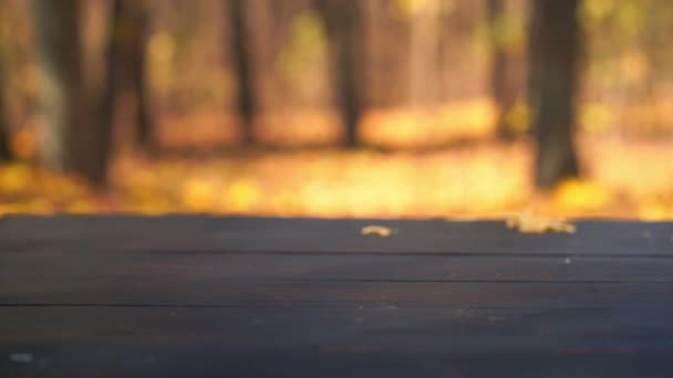 Vieille table en bois rustique à l'extérieur avec des feuilles d'automne tombant en arrière-plan — Video