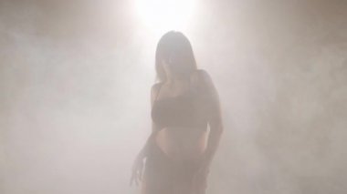 Arka planda sis dumanı içinde dans eden sanatçı genç bir kadın. Kendine güvenen zarif beyaz kadın dansçı modern performansı bale hareketleri ile prova ediyor.