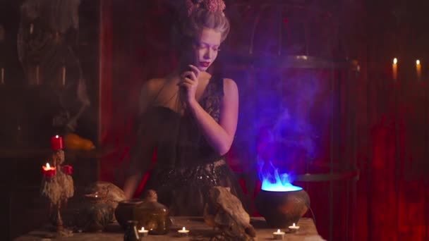 Halloween Witch with cauldron. Beautiful young woman conjuring, making witchcraft — Stock Video