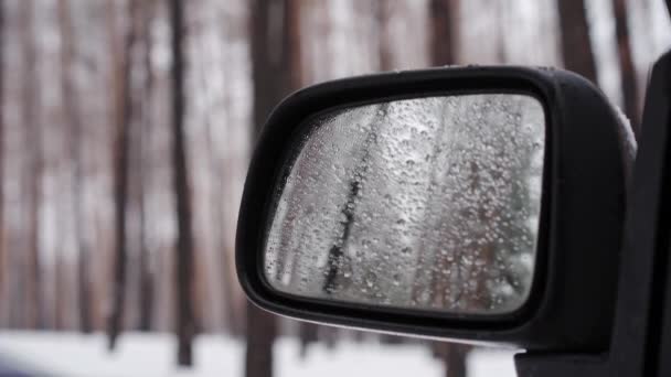 Snö faller långsamt på sidospegeln, närbild. En svart bil står i skogen i snöfall. Fordonsuppgifter. Crossover i vinterskogen — Stockvideo