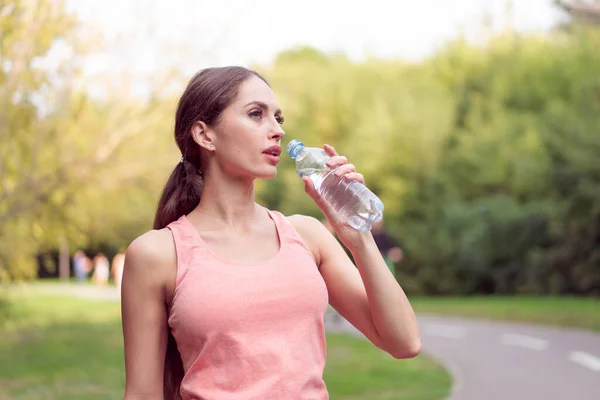 Athletic Woman Standing Running Track Summer Park Drink Water Running — Stock Photo, Image