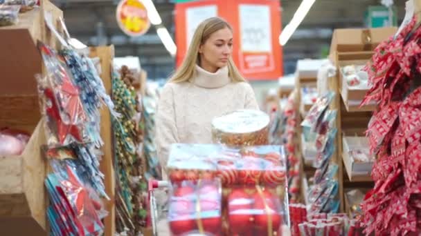 Compras de Navidad. Mujer caminando con carrito de compras viendo adornos de Navidad en el tradicional mercado de invierno de vacaciones. — Vídeos de Stock