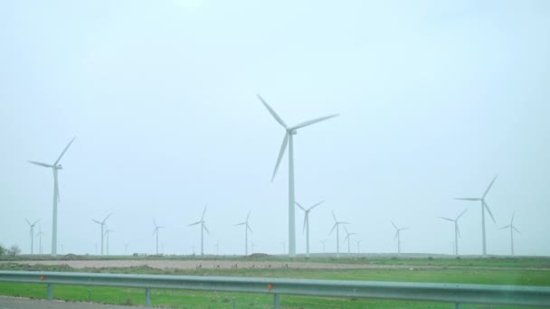 Grote windturbines met bladen in veld blauwe hemel windpark — Stockvideo