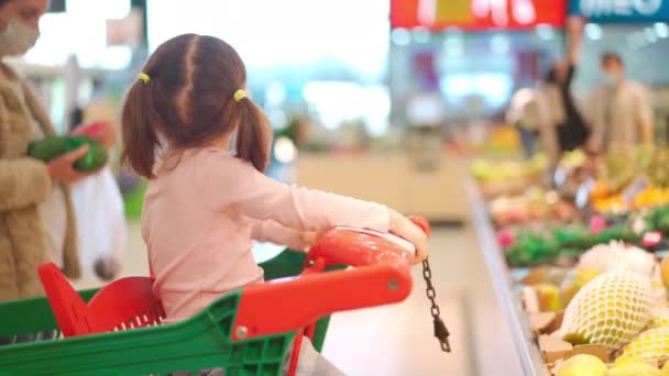Bambino, bambina 5 anni seduta carrello della spesa nel supermercato mentre la madre sceglie le merci per comprarlo Bambino femminile con la madre nel carrello della spesa negozio di alimentari o supermercato. — Video Stock