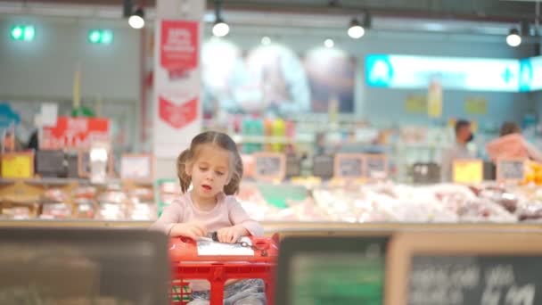 Bambino, bambina 5 anni seduta carrello della spesa nel supermercato mentre la madre sceglie le merci per comprarlo Femmina bambino carrello della spesa negozio di alimentari o supermercato. Bambino che va a fare shopping. — Video Stock