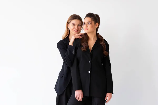 Concept Partnership Business Two Young Businesswoman Dressed Black Formal Suit — ストック写真