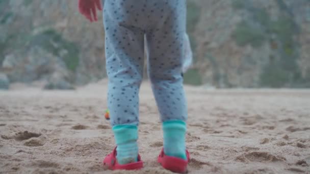 Two little girl playing ball on the beach dressed warm clothes. Spring time. Active leisure. Sister spending time together — Video