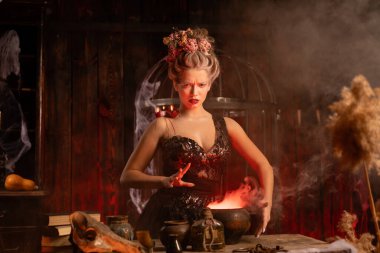 Cadılar Bayramı cadısı ve kazan. Büyücülük yapan genç ve güzel bir kadın. Ürkütücü zindan karanlık odası. Büyücü kadın aşk iksiri hazırla. Sihir kullan.