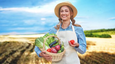 Woman farmer straw hat holding basket vegetable onion tomato salad cucumber standing farmland smiling Female agronomist specialist farming agribusiness Happy Girl dressed apron cultivated wheat field clipart