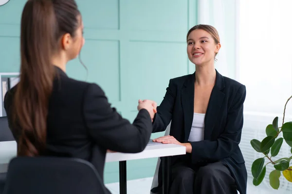 Job interview. Business, career and placement concept. Young blonde woman handshaking candidate hand, while sitting in front of candidate during corporate meeting. Boss discuss ideas with partner.