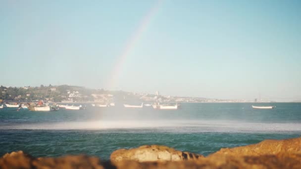 Water Jet Fountain Beautiful Natural Rainbow Velha Beach Portugal Warm — Video Stock