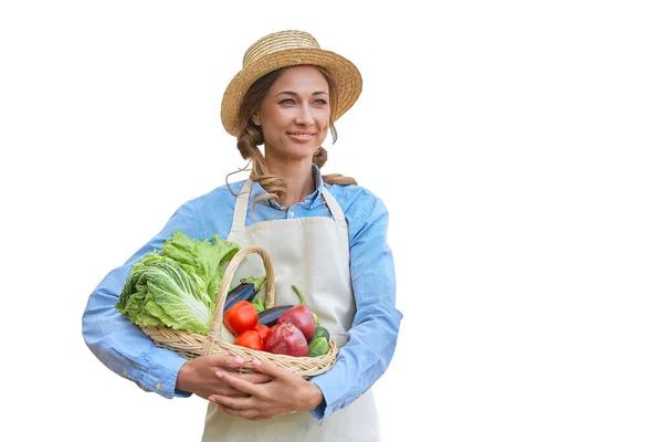 Tablier Habillé Femme Fond Blanc Panier Légumes Agriculteur Concept Agricole — Photo