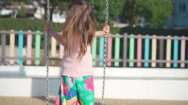Child Playing Playground Warm Summer Day Little Girl Have Fun — Stockvideo