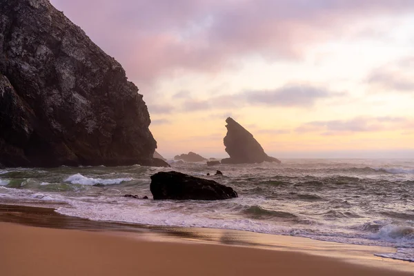 Захід Сонця Березі Океану Штормову Погоду Піщаний Пляж Прая Адрага — стокове фото