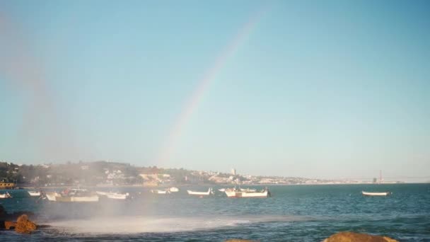 Water Jet Fountain Beautiful Natural Rainbow Velha Beach Portugal Warm — Stockvideo