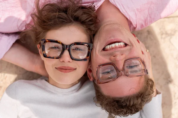 Portrait Two Attractive Students Man Woman Wearing Stylish Glasses Lying —  Fotos de Stock