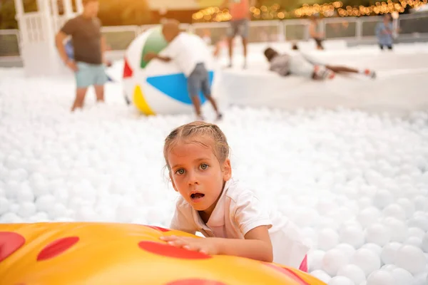 Happy Little Girl Playing White Plastic Balls Pool Amusement Park — Photo