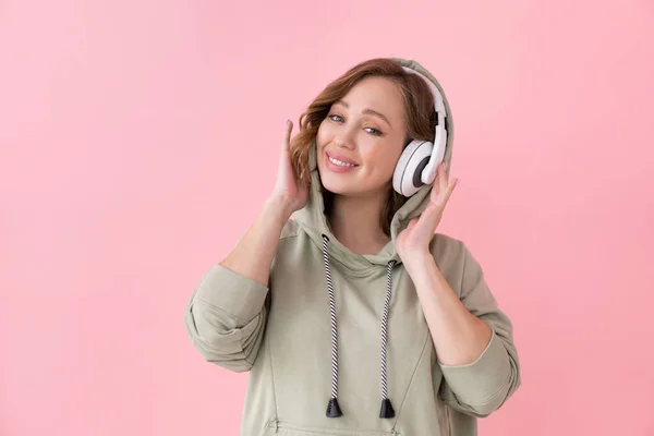 Happy Teeth Smile Woman Listen Music Headphones Caucasian Female Enjoy — Stock Photo, Image