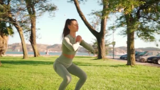 Sporty Woman Park Squats Bodyweight Training Open Air Young Adult — Wideo stockowe