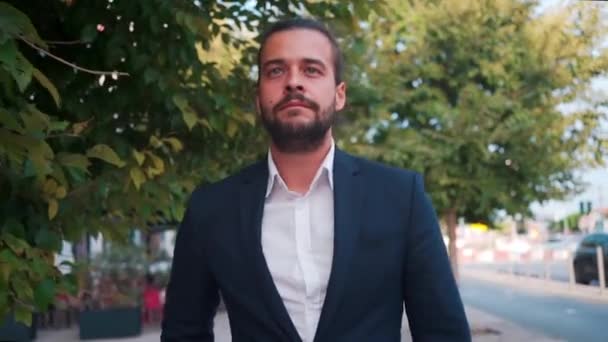 Businessman Walking City Street Modern Office Building Confident Guy Suit — стокове відео