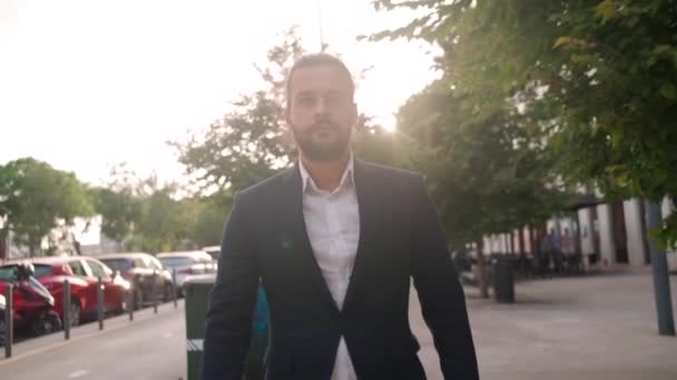 Businessman Walking City Street Modern Office Building Confident Guy Suit — стокове відео