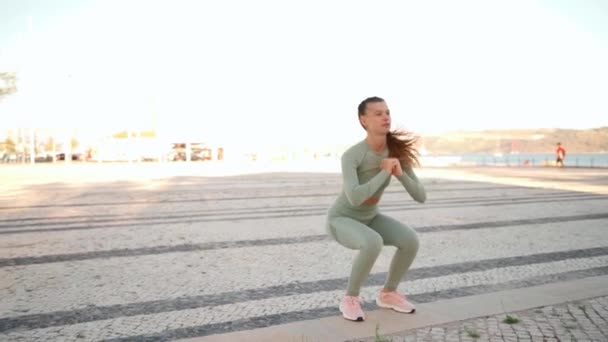 Sporty Woman Doing Jumping Squats Exercises Stairs Park Bodyweight Training — Video
