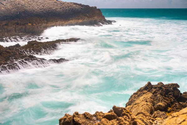 Atlantic Ocean Stormy Summer Day Big Sea Wave Rocky Beach — стокове фото