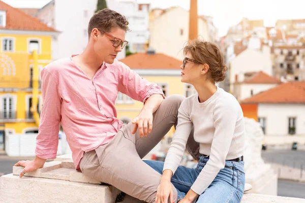 Young Beautiful Hipster Couple Love Sitting Old City Street Summer —  Fotos de Stock