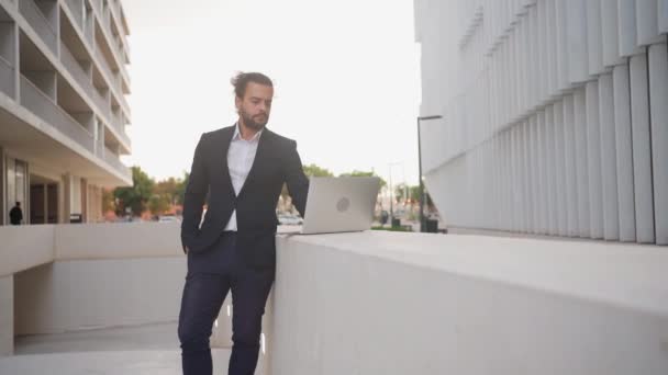 Hispanic Businessman Standing Laptop Working Remote Distant Job Outdoors Office — стоковое видео