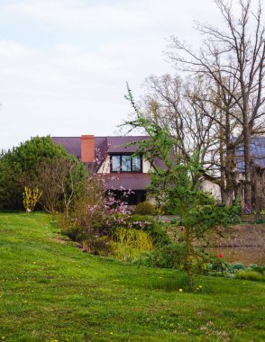 Baharda dekoratif bahçe. Ağaçların yaprakları çiçek açar ve süslü çalılar açmaya başlar..