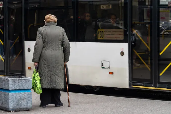 Saint Petersburg Russia September 2021 View Back Elderly Woman Bus Stock Photo