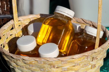 Sebze yağlı küçük şişeler, örneğin keten tohumu yağı. Yüksek kalite fotoğraf