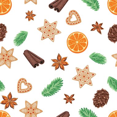 Kusursuz bir Noel deseni. Zencefilli çörekler, çam dalları, portakal dilimleri, tarçın çubukları ve anason yıldızlarıyla yeni yıl arkaplanı. Vektör karikatür çizimi.