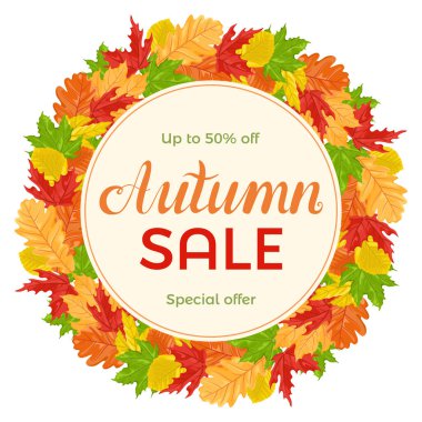 Sonbahar satışı için renkli akçaağaç ve meşe yapraklı bir taşıyıcı pankart. İndirim promosyonları için tasarım elemanı. Çizgi film düz çizimi.