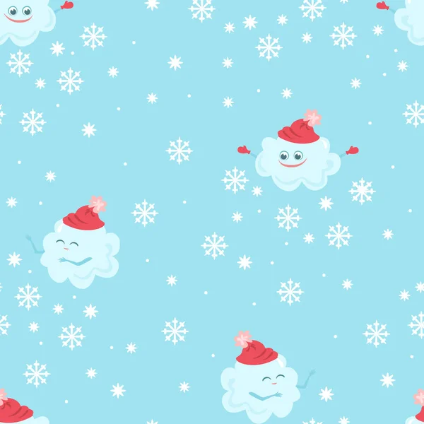儿童卡通片冬季背景与有趣可爱的雪云和雪花 矢量平面无缝模式 — 图库矢量图片