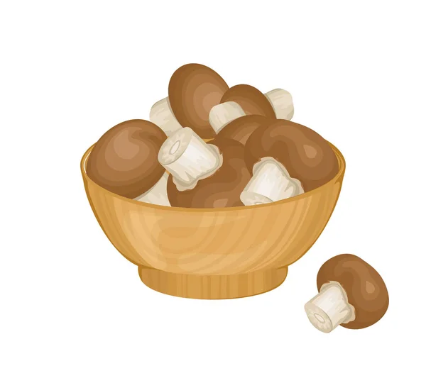 在白色背景上隔离的木制碗中的蘑菇 Champignons矢量说明 卡通片式健康有机食品 — 图库矢量图片
