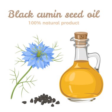 Cam şişede siyah kimyon tohumu yağı ve beyaz arka planda izole edilmiş Nigella sativa çiçeği. Vektör çizgi film düz illüstrasyon.