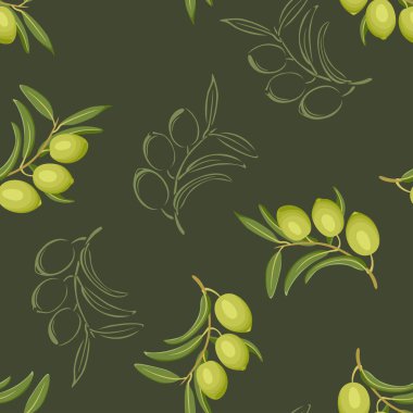 Zeytin pürüzsüz desen. Koyu arkaplanda yeşil zeytin dalları. Vektör çizgi film düz illüstrasyon.