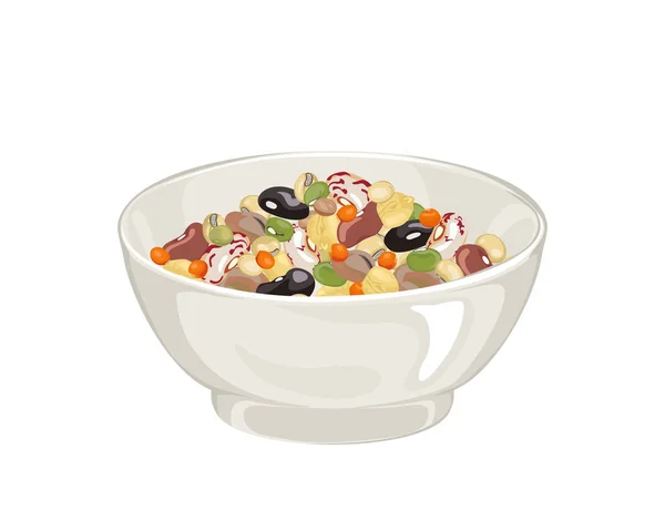 白に隔離されたボウルに豆 ベクトル図異なる豆やマメ科植物 漫画のフラットスタイルの有機健康食品 — ストックベクタ