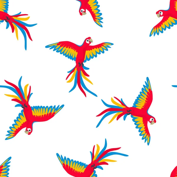 Red Macaw Parrot Flight Seamless Pattern Tropical Bird Background Vector — Stock Vector