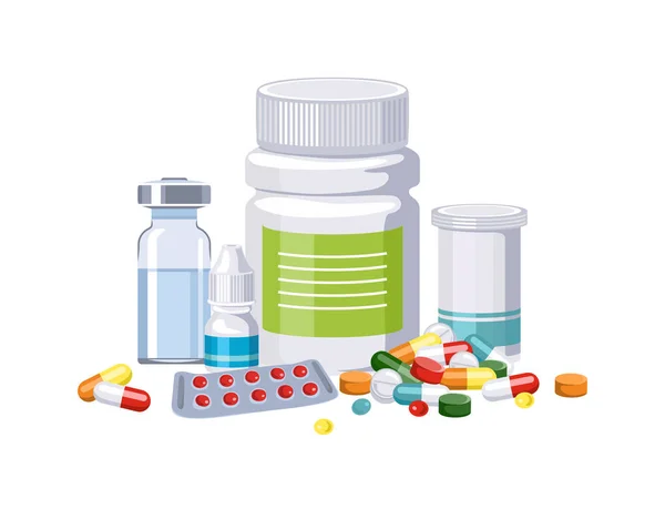 Διάφορα Φάρμακα Κάψουλες Δισκία Και Μπουκάλια Φάρμακα Φαρμακευτικά Διάνυσμα Επίπεδη — Διανυσματικό Αρχείο