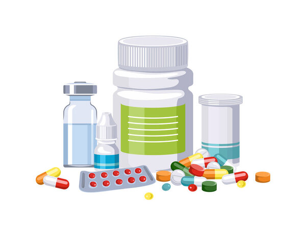 Various medicines, capsules, tablets and bottles with drugs. Pharmaceuticals. Vector cartoon flat illustration.