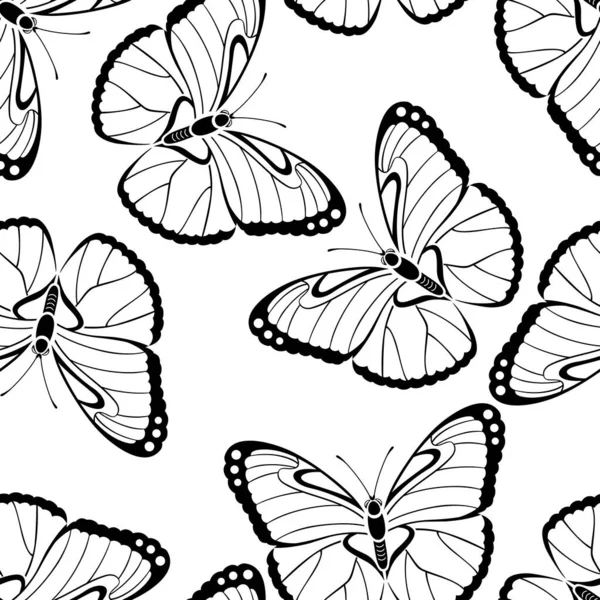 Butterflies Seamless Pattern Black Silhouettes White Background Butterfly Vector Outline — Stock Vector