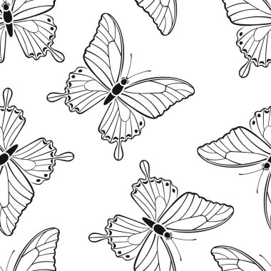 Uçan kelebekler arka planı. Güzel kelebek siluetiyle kusursuz bir desen. Siyah ve beyaz vektör çizimi.