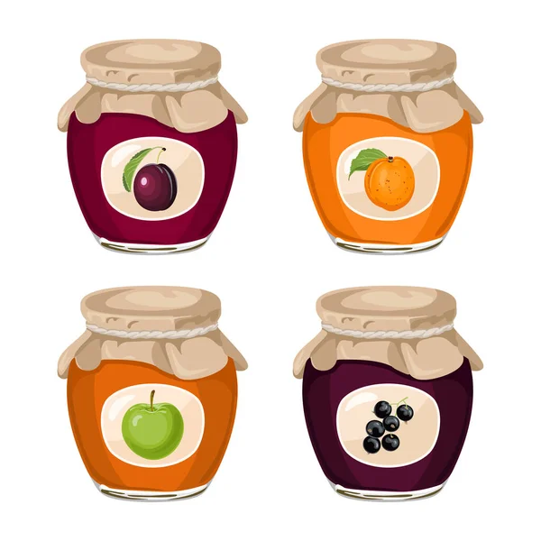 Set Von Frucht Und Beerenmarmeladen Glasgefäßen Vektorillustration Von Aprikose Pflaume — Stockvektor