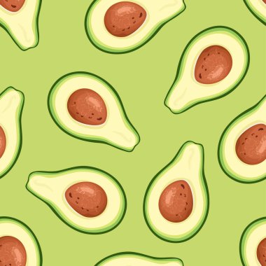Avokado deseni. Yeşil arkaplanda avokado yarılarının vektör illüstrasyonu.