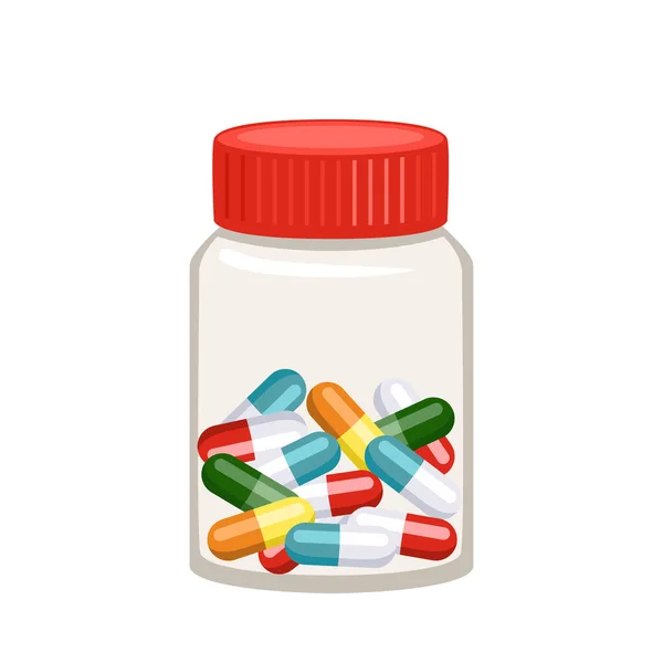 Χρωματιστά Καψάκια Και Χάπια Ένα Διαφανές Βάζο Που Απομονώνονται Λευκό — Διανυσματικό Αρχείο