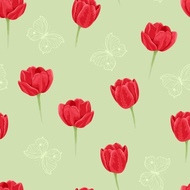 Kırmızı laleler ve kelebekler kusursuz desen. Çiçek vektör geçmişi. Çiçek açan bahar çiçekleri. Çizgi film düz stili.