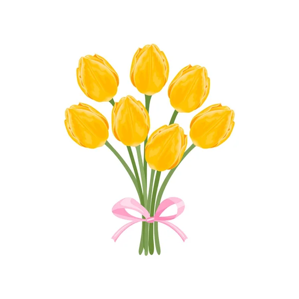 Ramo Tulipanes Amarillos Con Lazo Rosa Aislado Sobre Fondo Blanco — Vector de stock